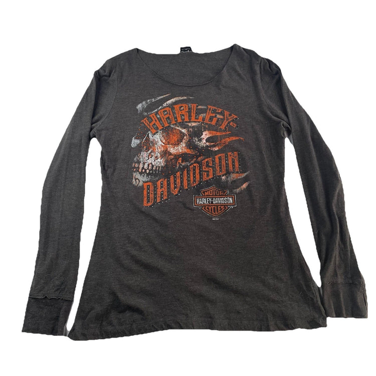 Womens Harley Davidson Gray Rhinestone Skull Long Sleeve T Shirt Size Medium