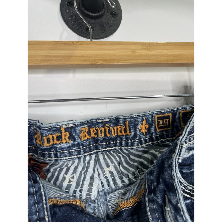 Women’s Rock Revival Denim Shorts Blue Distressed Frayed Hem Edgy Style Sz 32x2
