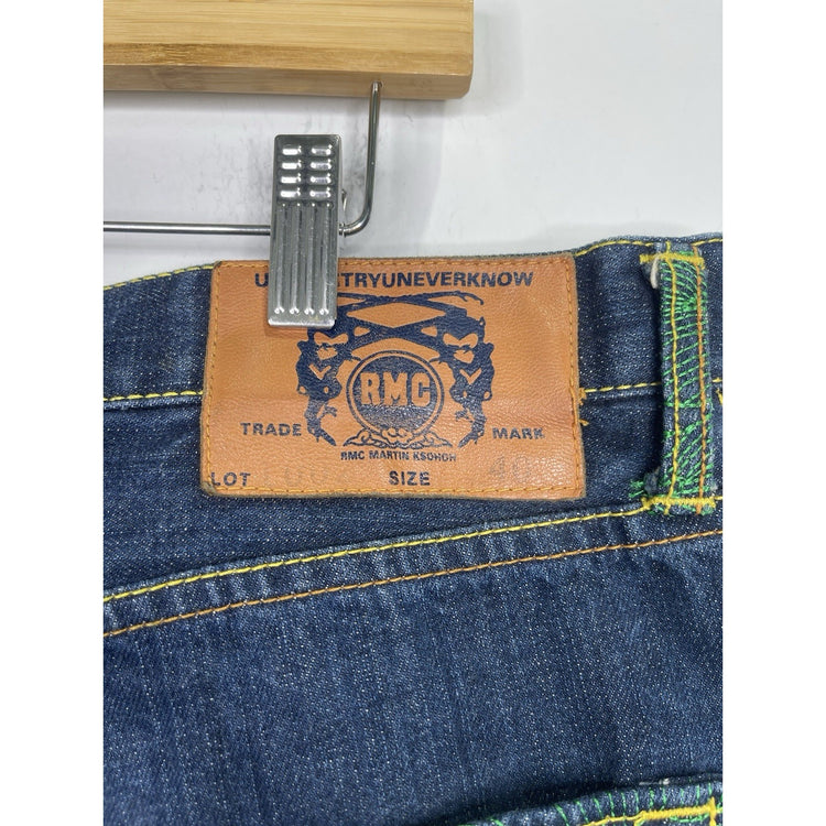 Men’s Vintage Y2K RMC Dark Wash Embroidered Denim Shorts Sz 40x14