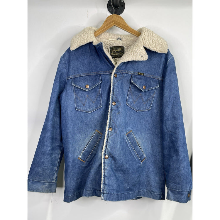 Vintage WRANGLER Wrange Coat Jacket Mens Large Blue Denim Sherpa Western USA 70s