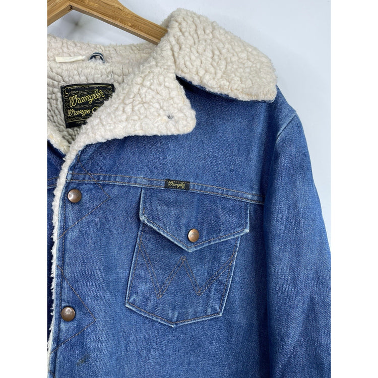 Vintage WRANGLER Wrange Coat Jacket Mens Large Blue Denim Sherpa Western USA 70s
