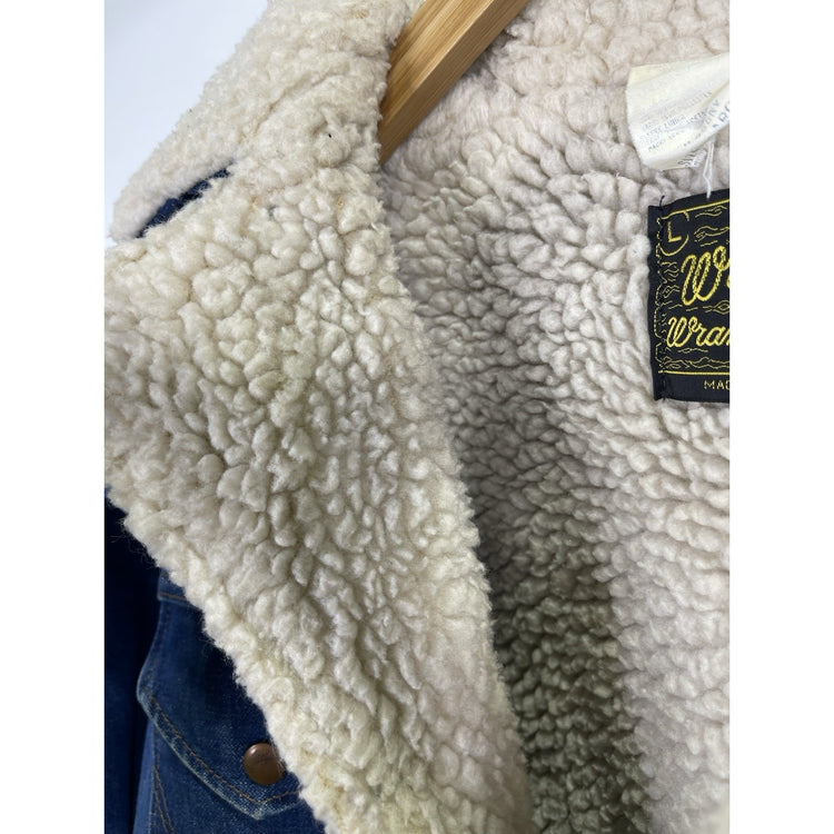 Vintage WRANGLER Wrange Coat Jacket Mens Large Blue Denim Sherpa Western USA 70s