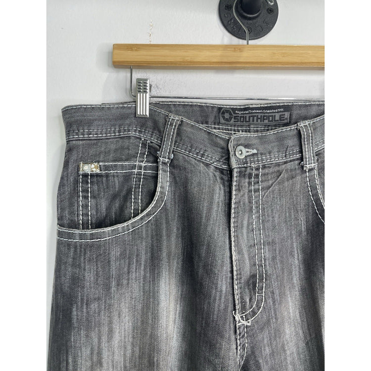VTG Y2K Men’s Distressed Dark Wash Gray Southpole Baggy Denim Jeans 38x32