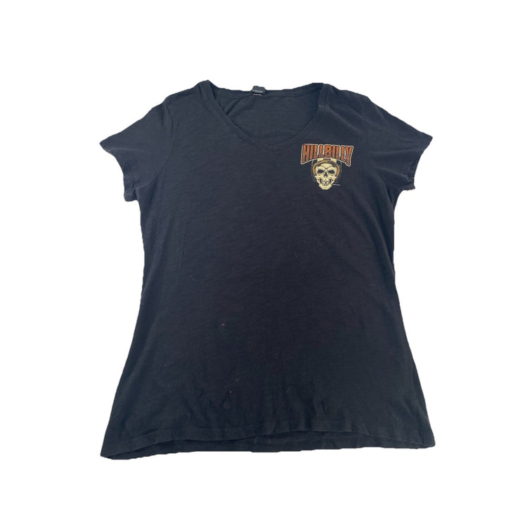 Womens Harley Davidson “Hillbilly” Print Black Slim Fit V-Neck Tee Size Xl