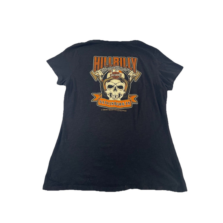 Womens Harley Davidson “Hillbilly” Print Black Slim Fit V-Neck Tee Size Xl