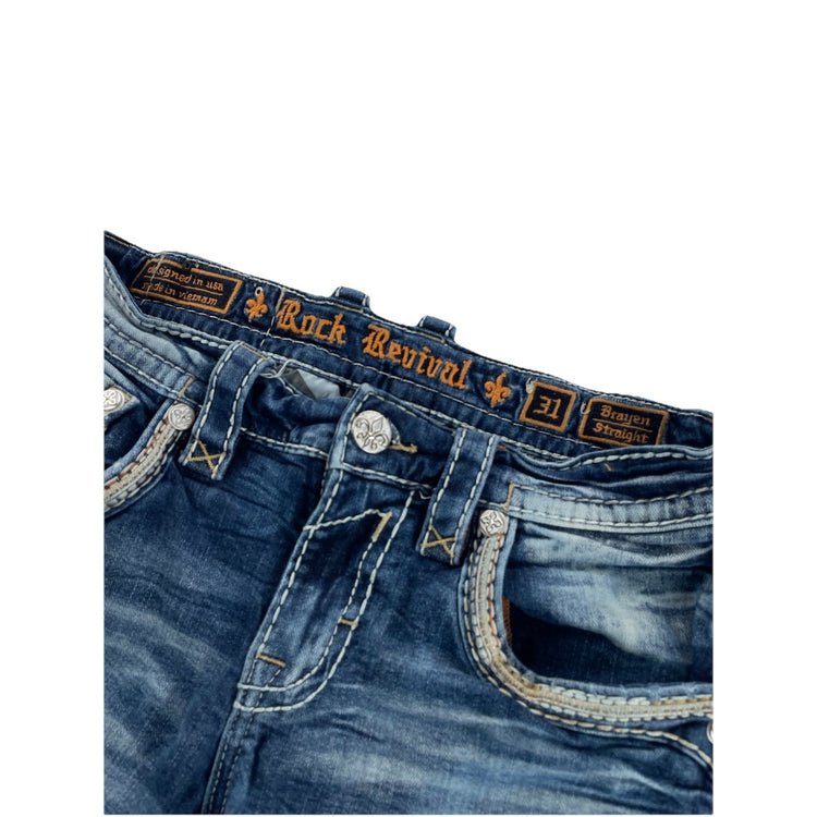 Men’s Rock Revival Brayden Straight Embroidered Denim Jeans Size 31