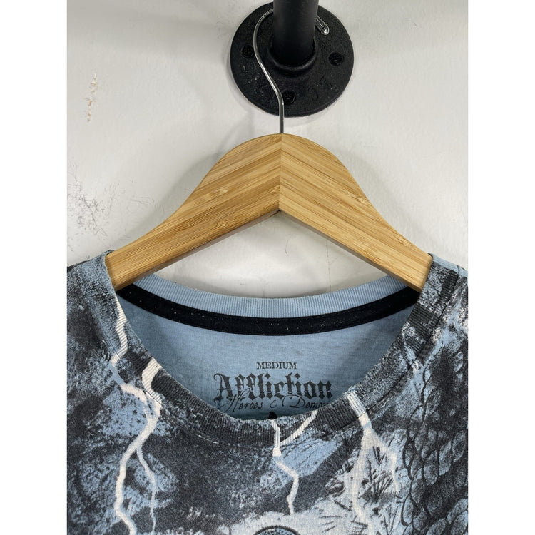 Men’s Vintage Y2K Affliction Blue Samari Doubled Sided Graphic T Shirt Sz M