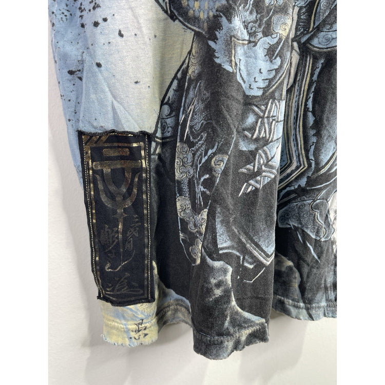 Men’s Vintage Y2K Affliction Blue Samari Doubled Sided Graphic T Shirt Sz M