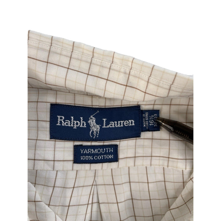 Mens Polo Ralph Lauren White & Brown Yarmouth Button Down Shirt Size 16.5