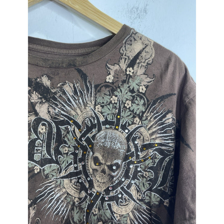 Men’s Vintage Y2K Brad Butter Brown Skeleton Crosses Rhinestone Sz Large