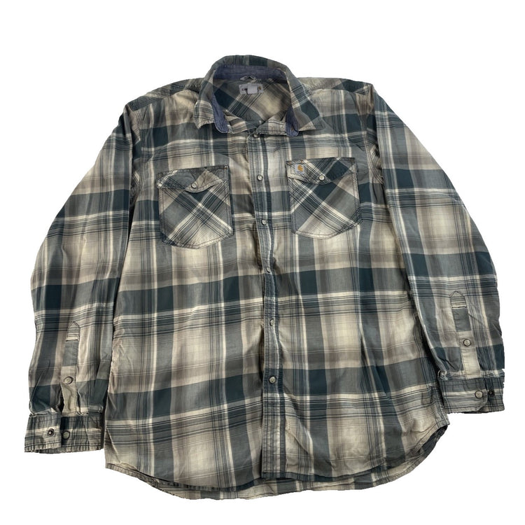 Men Carhartt Relaxed Fit Plaid Long Sleeve Button Down Shirt Gray Size L