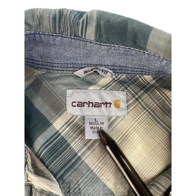 Men Carhartt Relaxed Fit Plaid Long Sleeve Button Down Shirt Gray Size L