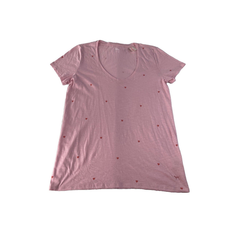 Women’s PINK Victorias Secret Pink V Neck Heart Pattern T Shirt Size Large
