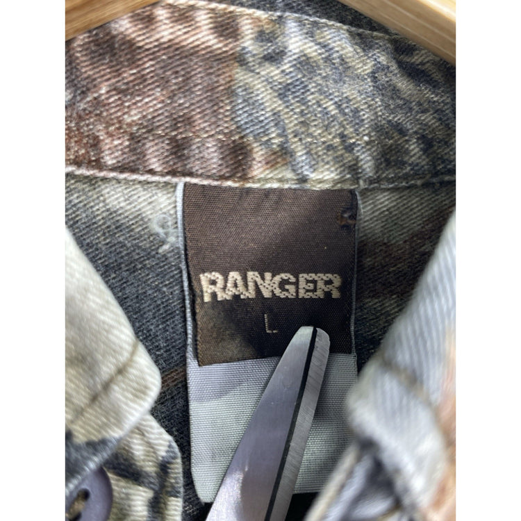 Men’s VTG Ranger Real-tree Camo Button Up Hunting Shirt Press Stud Pockets Sz L