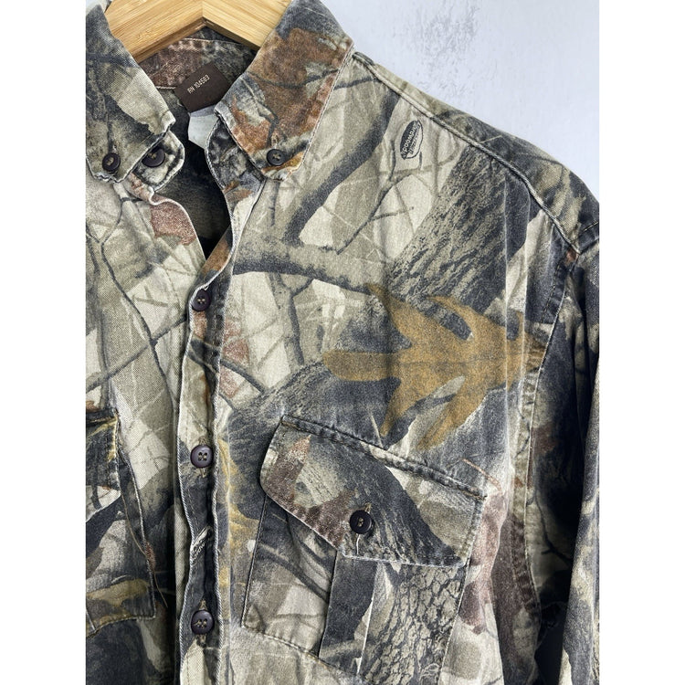 Men’s VTG Ranger Real-tree Camo Button Up Hunting Shirt Press Stud Pockets Sz L