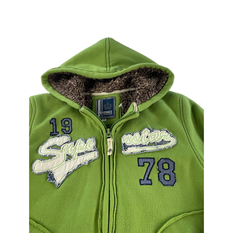 Mens Chevernice Green Sherpa Lined Raw Seam Applique Full Zip Hoodie SIZE S