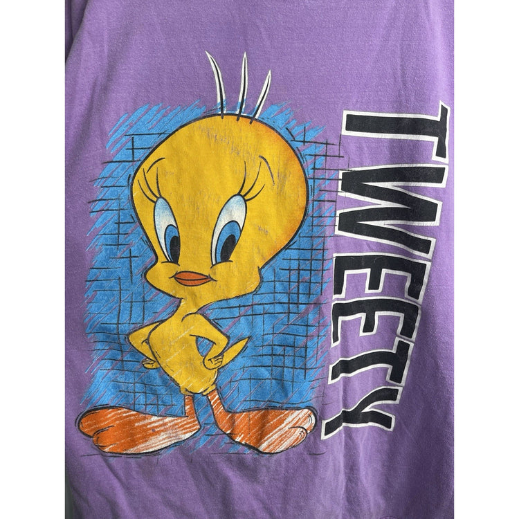 Vintage Y2K Purple Looney Tunes Tweety Bird Graphic Adult T-Shirt Size XL