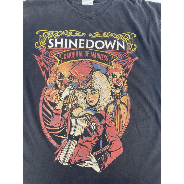 Mens 2010 Shinedown Carnival Of Madness Black Graphic Band T Shirt Size 2XL