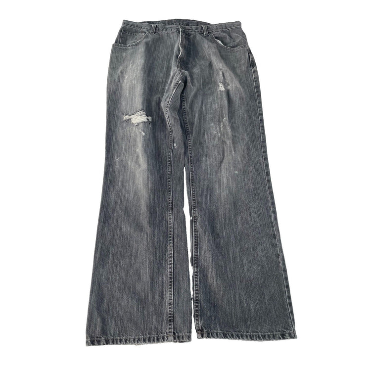 Mens Vintage Arizona Gray Black Faded Distressed Ripped Boot Cut Jeans SIZE 36