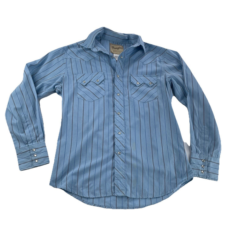 Mens Vintage Wrangler Sky Blue Long Sleeve Western Striped Button Up Shirt SizeM