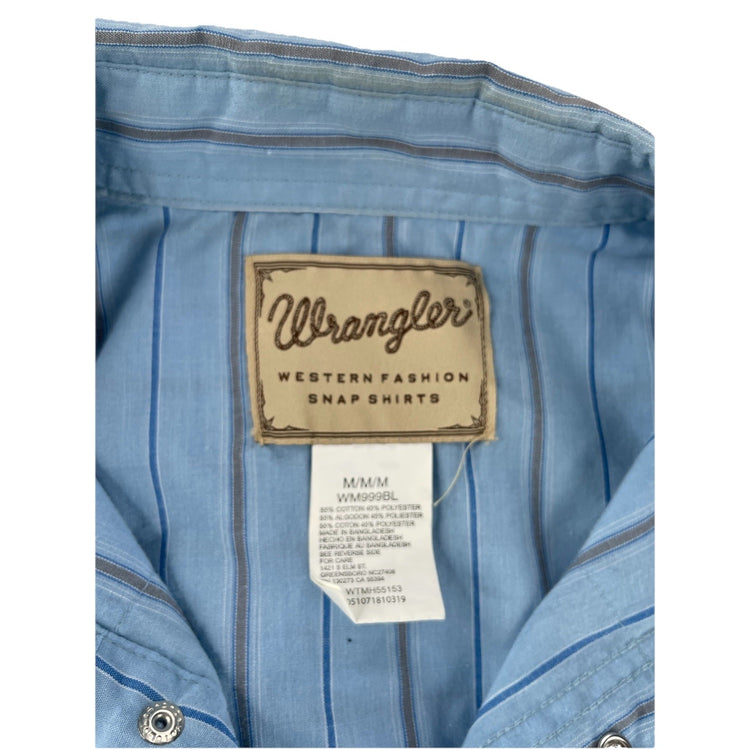 Mens Vintage Wrangler Sky Blue Long Sleeve Western Striped Button Up Shirt SizeM