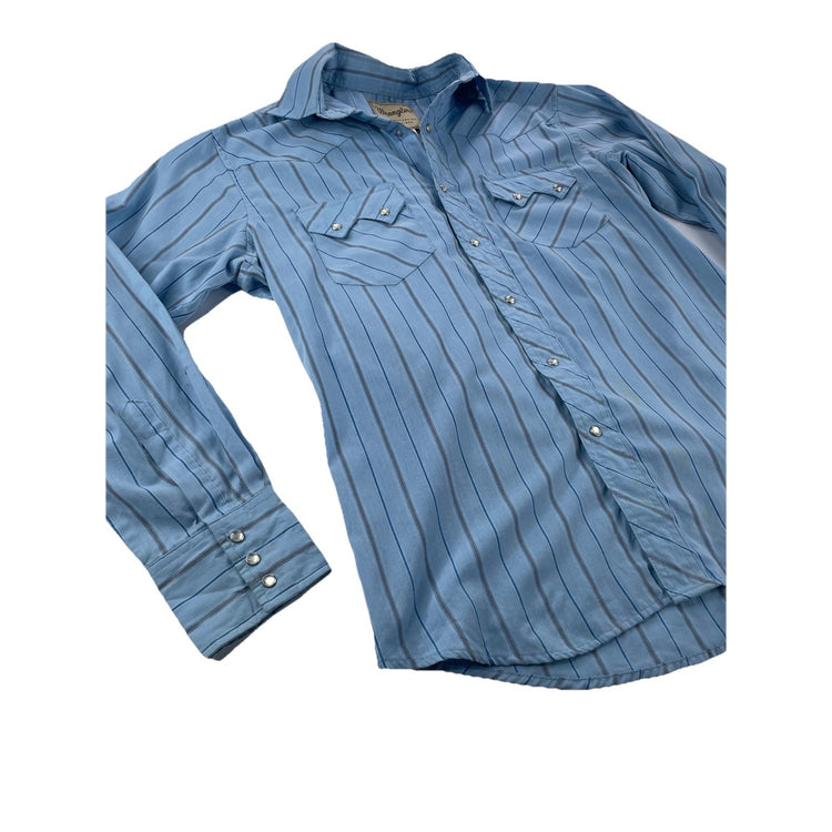 Mens Vintage Wrangler Sky Blue Long Sleeve Western Striped Button Up Shirt SizeM