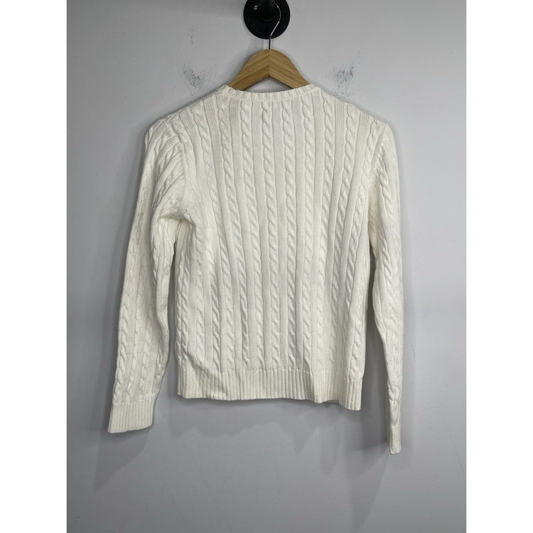 Ralph Lauren Womens White Cable Knit Preppy Crew Sweater Pink Embroidery Sz Smal
