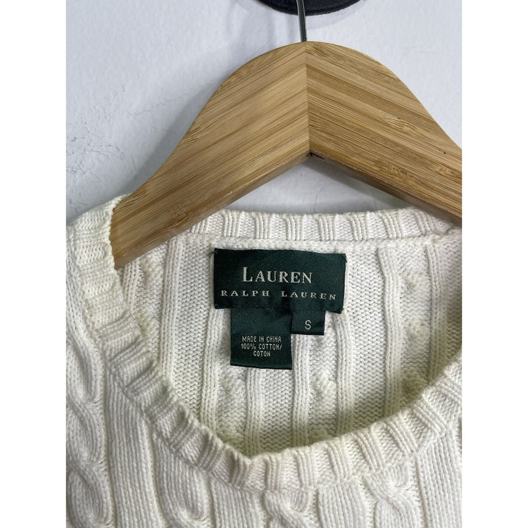 Ralph Lauren Womens White Cable Knit Preppy Crew Sweater Pink Embroidery Sz Smal