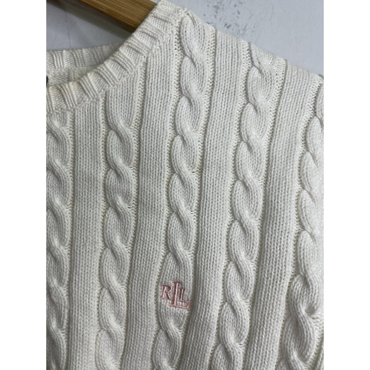 Ralph Lauren Womens White Cable Knit Preppy Crew Sweater Pink Embroidery Sz Smal