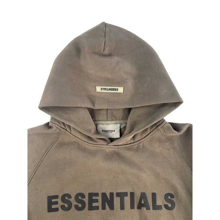 Mens Fear Of God Essentials 3D Silicon Logo Pullover Hoodie Taupe Brown Size L