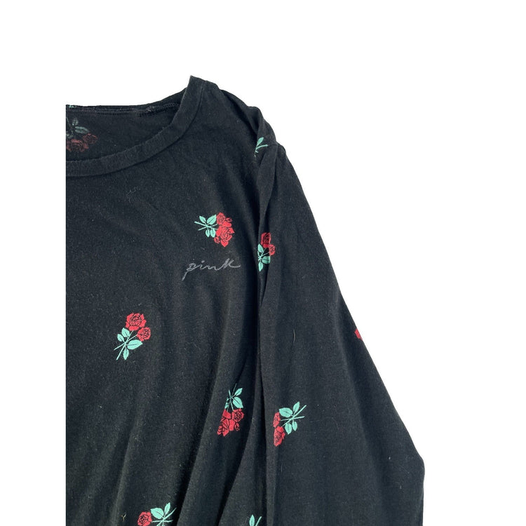 Women’s PINK Victorias Secret Black Longsleeve Rose Print T Shirt Size Medium