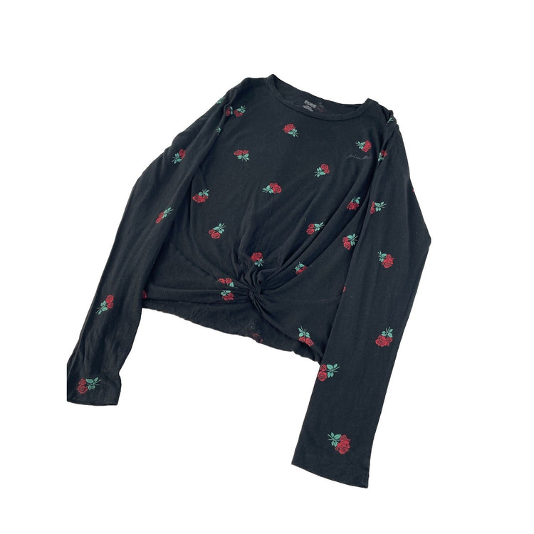 Women’s PINK Victorias Secret Black Longsleeve Rose Print T Shirt Size Medium