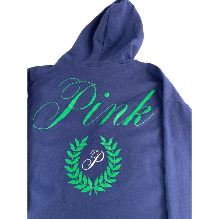 Womens Victoria Secret PINK Navy Blue Full Zip Hoodie Back Graphic Crest SizeXXL