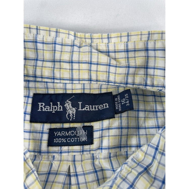 Mens Polo Ralph Lauren Yellow Blue Plaid Yarmouth Button Down Size 16 34/35