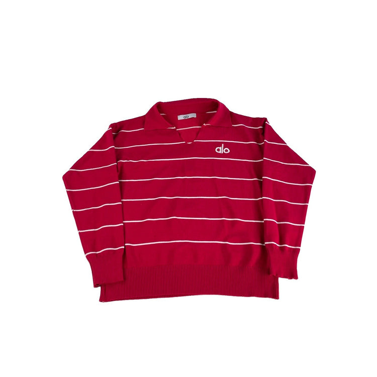 Womens Alo Yoga Red White Striped Knit Split V Neck Collar Polo Sweater Size S