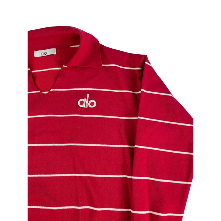 Womens Alo Yoga Red White Striped Knit Split V Neck Collar Polo Sweater Size S