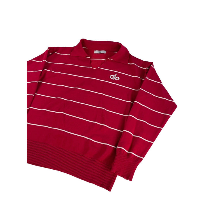 Womens Alo Yoga Red White Striped Knit Split V Neck Collar Polo Sweater Size S