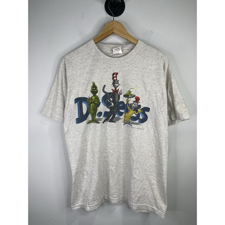 Men’s VTG 90s Dr. Seuss Grinch Cat In The Hat Green Eggs & Ham Gray T Shirt Sz L