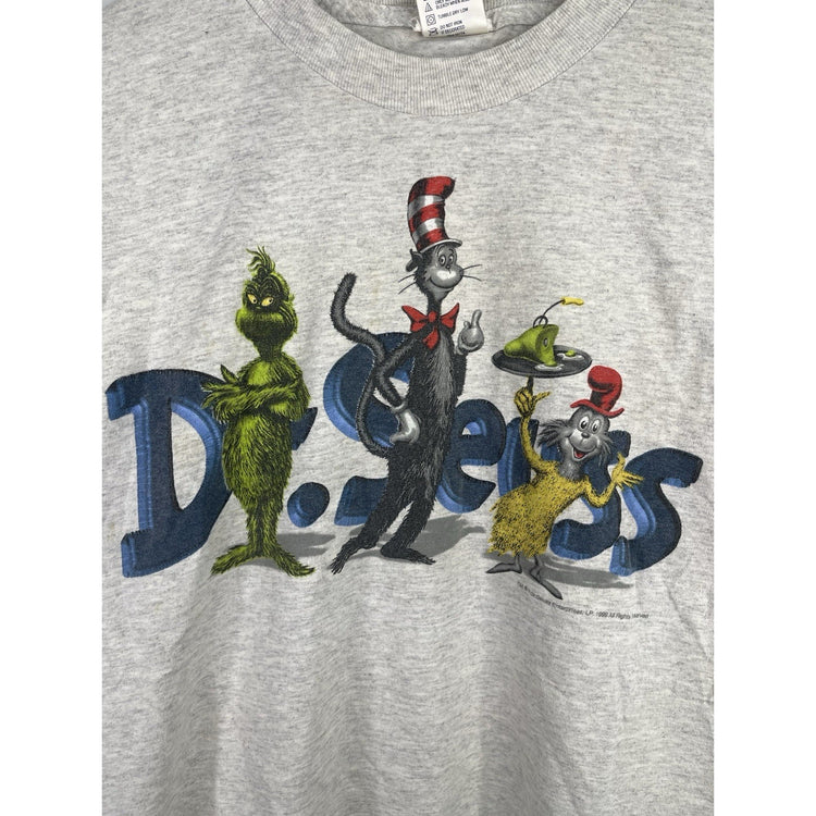 Men’s VTG 90s Dr. Seuss Grinch Cat In The Hat Green Eggs & Ham Gray T Shirt Sz L