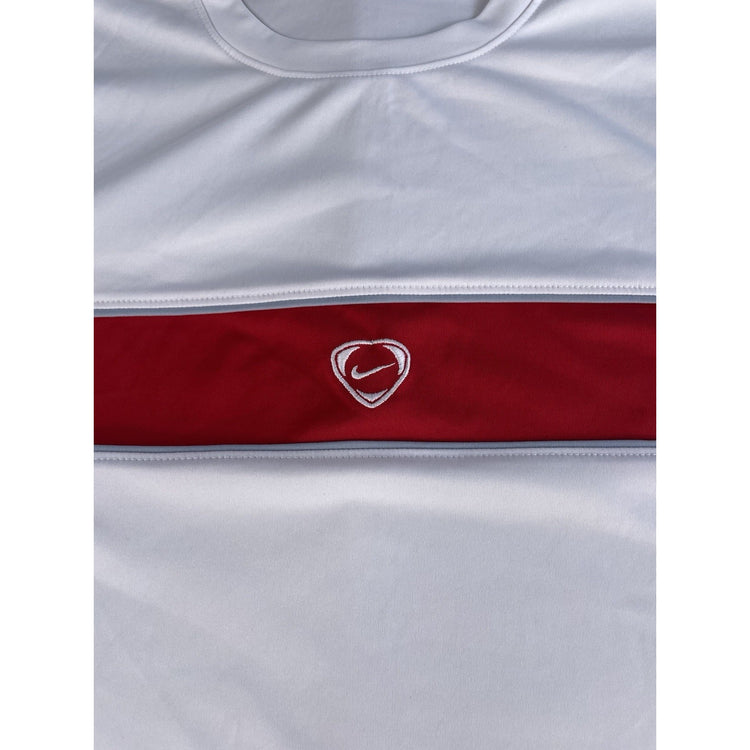 Mens Vintage Y2K Nike White Red Striped Shield Swoosh Athletic T Shirt Size XXL