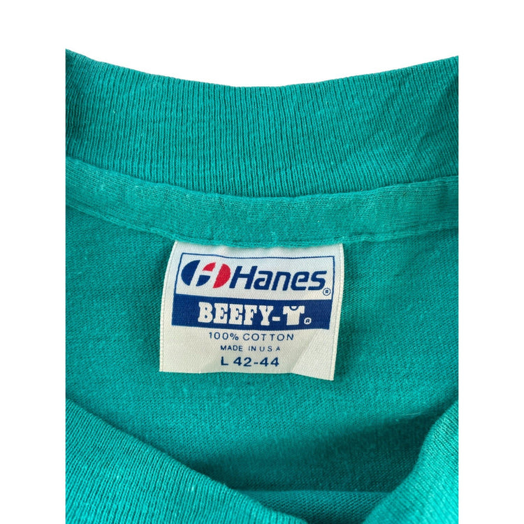Mens Vintage 90s Hanes Beefy Teal Blue Bell Ice Cream Promo T-Shirt SIZE L