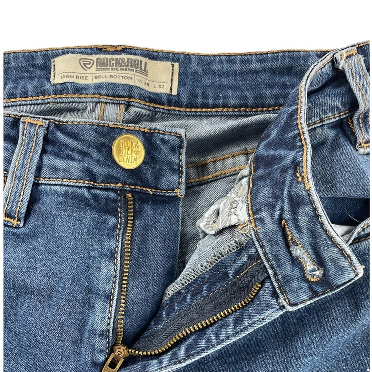 Womens Rock&Roll High Rise Bell Bottom Denim Blue Jeans Size W 26 L 32