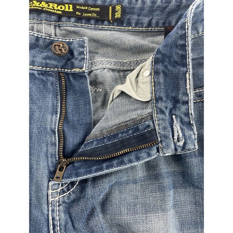 Mens Rock&Roll Cowboy Denim Loose Fit Blue Jeans Size 33x36