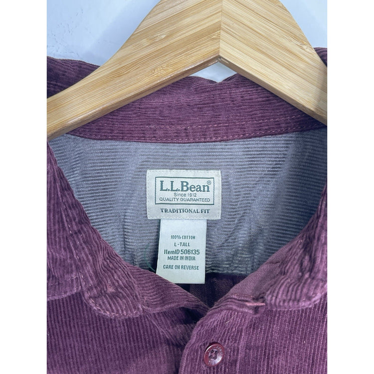 Men’s VTG LL BEAN Corduroy Button Down Shirt Maroon 100% Cotton Sz Large Tall