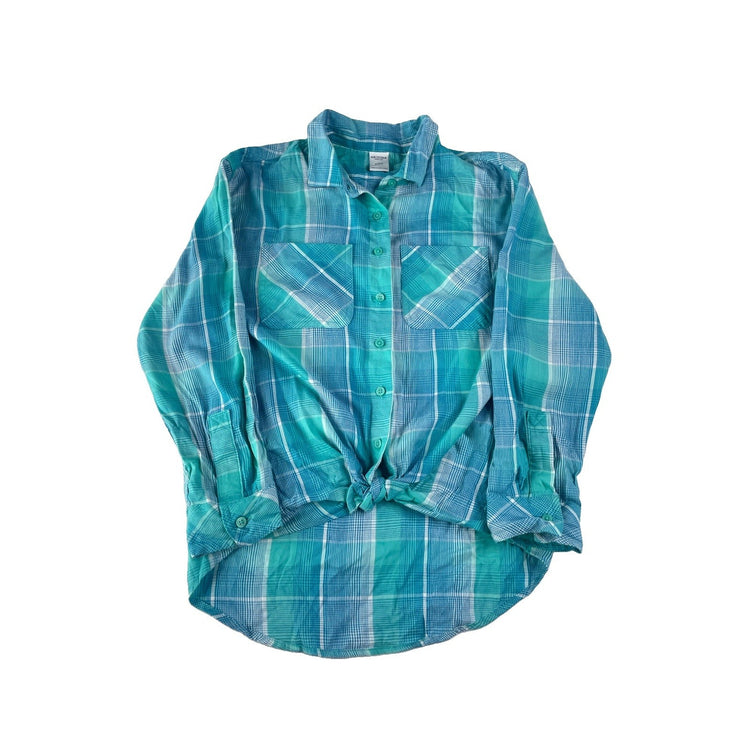 Boys NWT Arizona Jean Co. Blue Turquoise Plaid Long Sleeve ButtonUp Shirt Size M