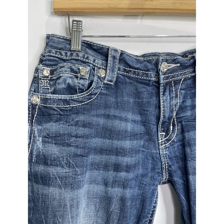 Women’s Y2K Blue Miss Me Jeans Cuffed Capri Rhinestone Pockets 32x24