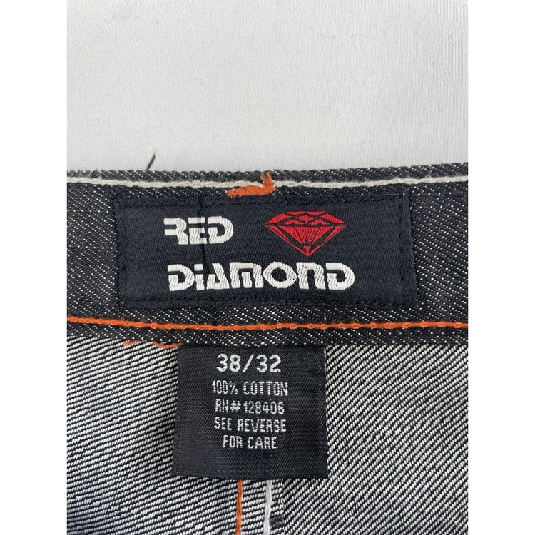 Mens Red Diamond Relaxed Straight Leg Street Wear Black Denim Jeans Size 38x32
