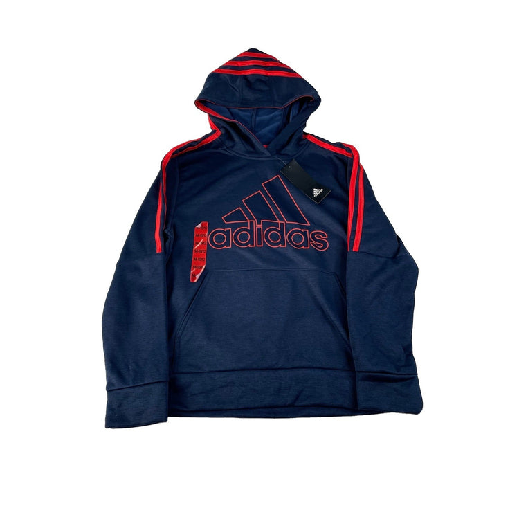 Boys Adidas NWT Heather Navy Red 3 Stripe Outline Logo Pullover Hoodie SIZE M