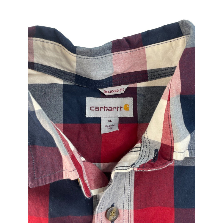 Men's Carhartt Red Navy Plaid Relaxed Fit Button Down Shirt Size XL