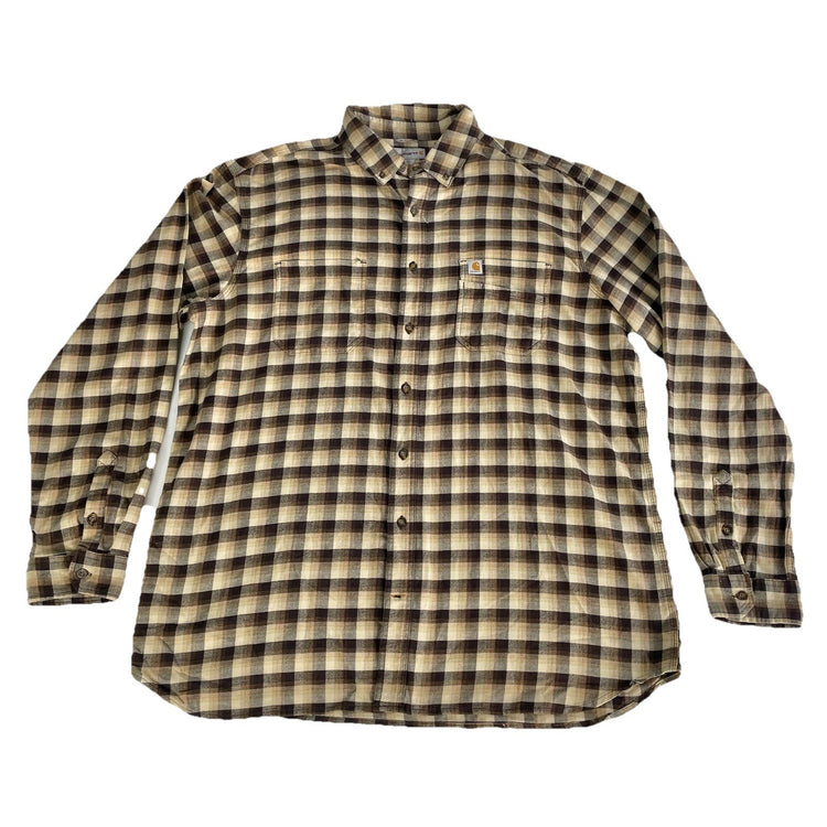 Mens Carhartt Brown Plaid Button-Up Longsleeve Flannel Size 2Xl Tall